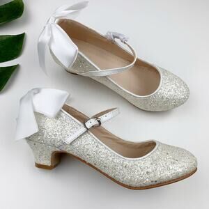 Kailee P Sparkly Rock Glitter Mary Jane Heels White Bow Girls Size 3 - Flaw